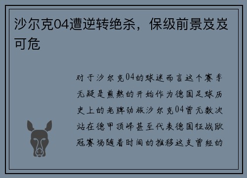 沙尔克04遭逆转绝杀，保级前景岌岌可危
