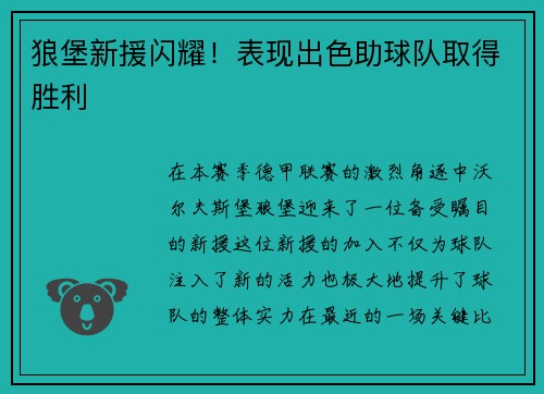 狼堡新援闪耀！表现出色助球队取得胜利
